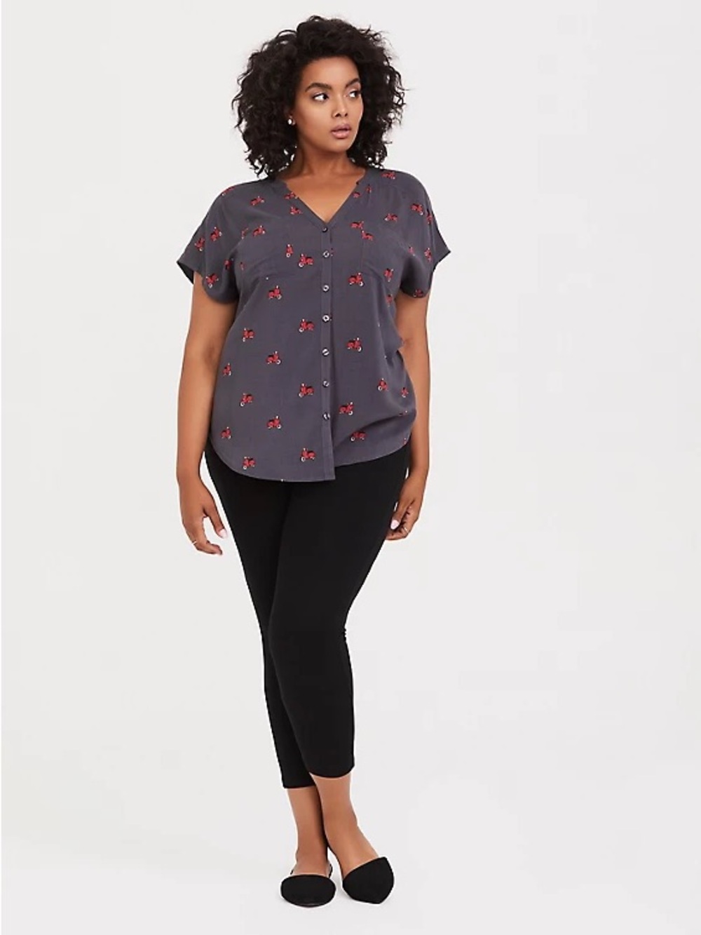 torrid Charcoal Button-Front V-Neck Top with Red Scooter Motif - Picture 3 of 11